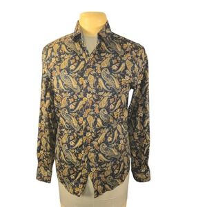 Consequence Mens Paisley Floral Button Down Shirt Black Gold Medium Retro Hippie